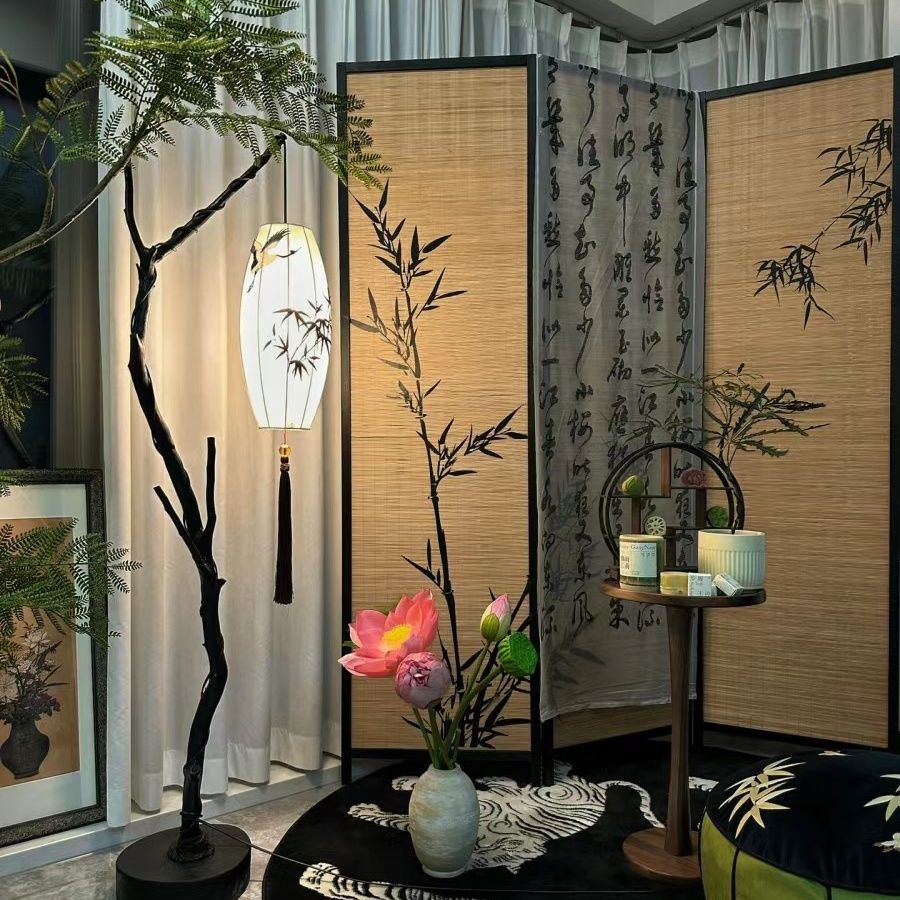 侘寂复古风树f枝新中式落地灯茶室书房氛围灯布艺灯笼钓鱼落地灯