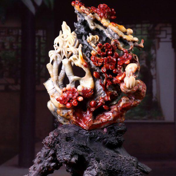 福建寿山石岁寒三友摆件家居石雕工艺品装饰俏色巧雕百搭书房茶室