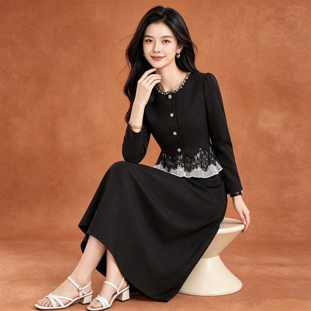 黑色蕾丝长袖连衣裙女秋2026假两件小香风气质名媛高级感妈妈裙子