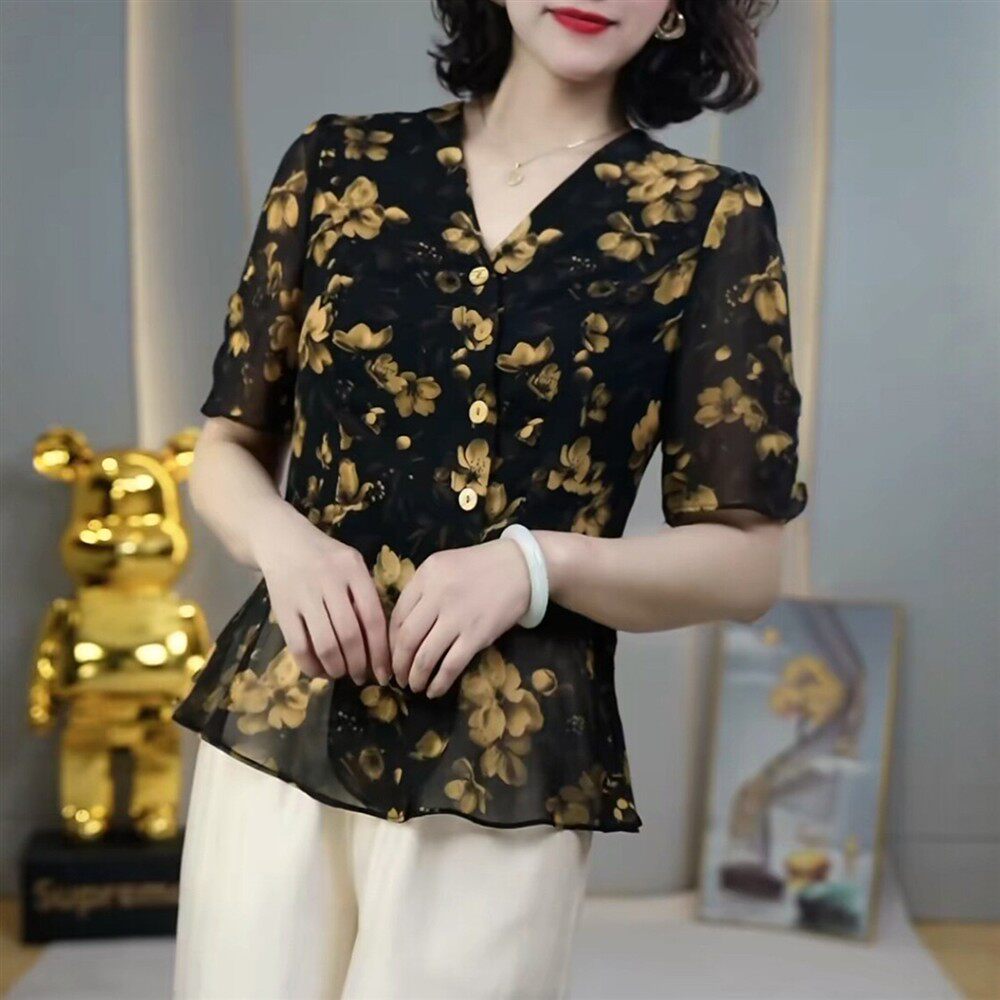 夏款妈妈装V领黄花薄款短袖T恤女C时尚修身复古女士上衣休闲小衫