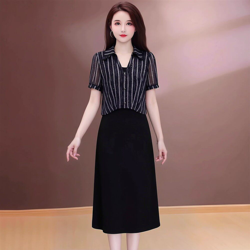 假两件时尚条纹连衣裙女2026年夏季新款妈妈装修身显瘦中长款裙子
