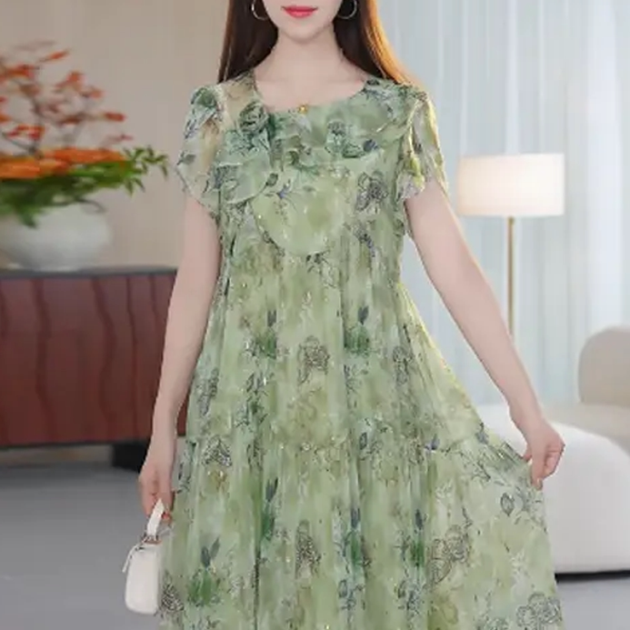 时尚薄款印花连衣裙女2026新款夏季中长款遮肚藏肉妈妈装短袖裙子