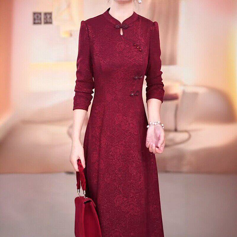 国风长袖连衣裙女2026年春秋新款喜婆婆妈妈婚宴礼服裙子M-4XL