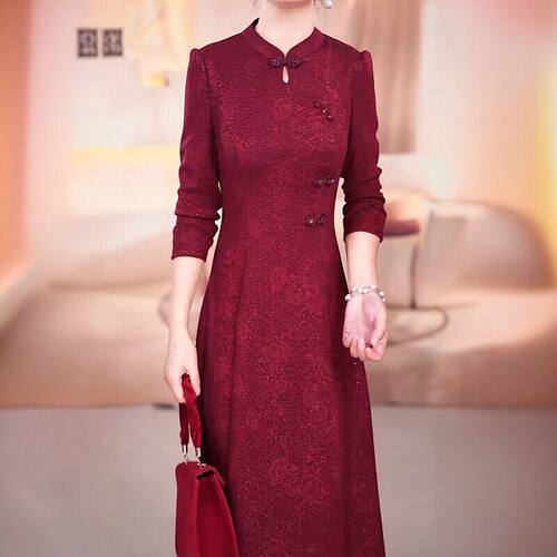 国风长袖连衣裙女2026年春秋新款喜婆婆妈妈婚宴礼服裙子M-4XL