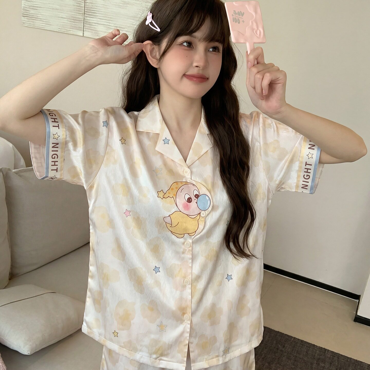 2026新款卡通可爱风棉质睡衣女短袖短裤衬衫领家居服套装可外穿