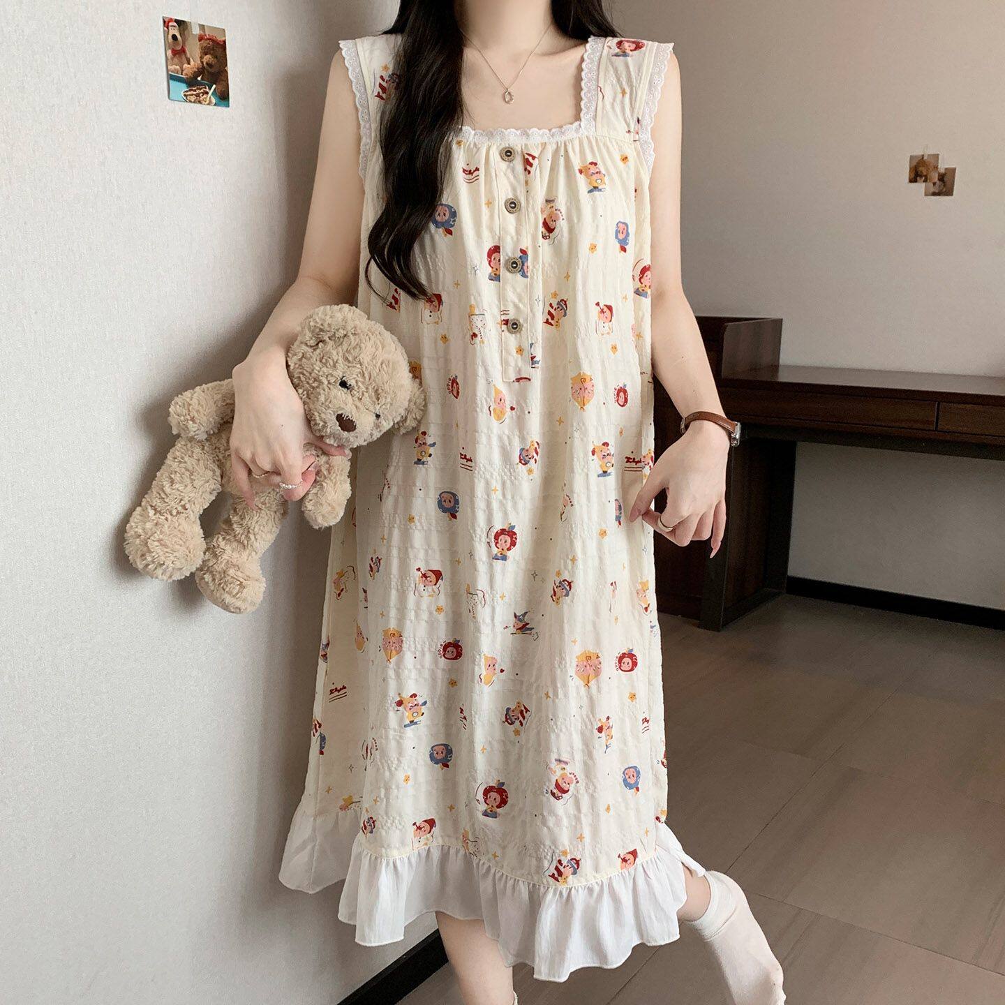 甜美可爱风卡通印花睡裙女春季上新款棉质无袖蕾丝花边宽松家居服