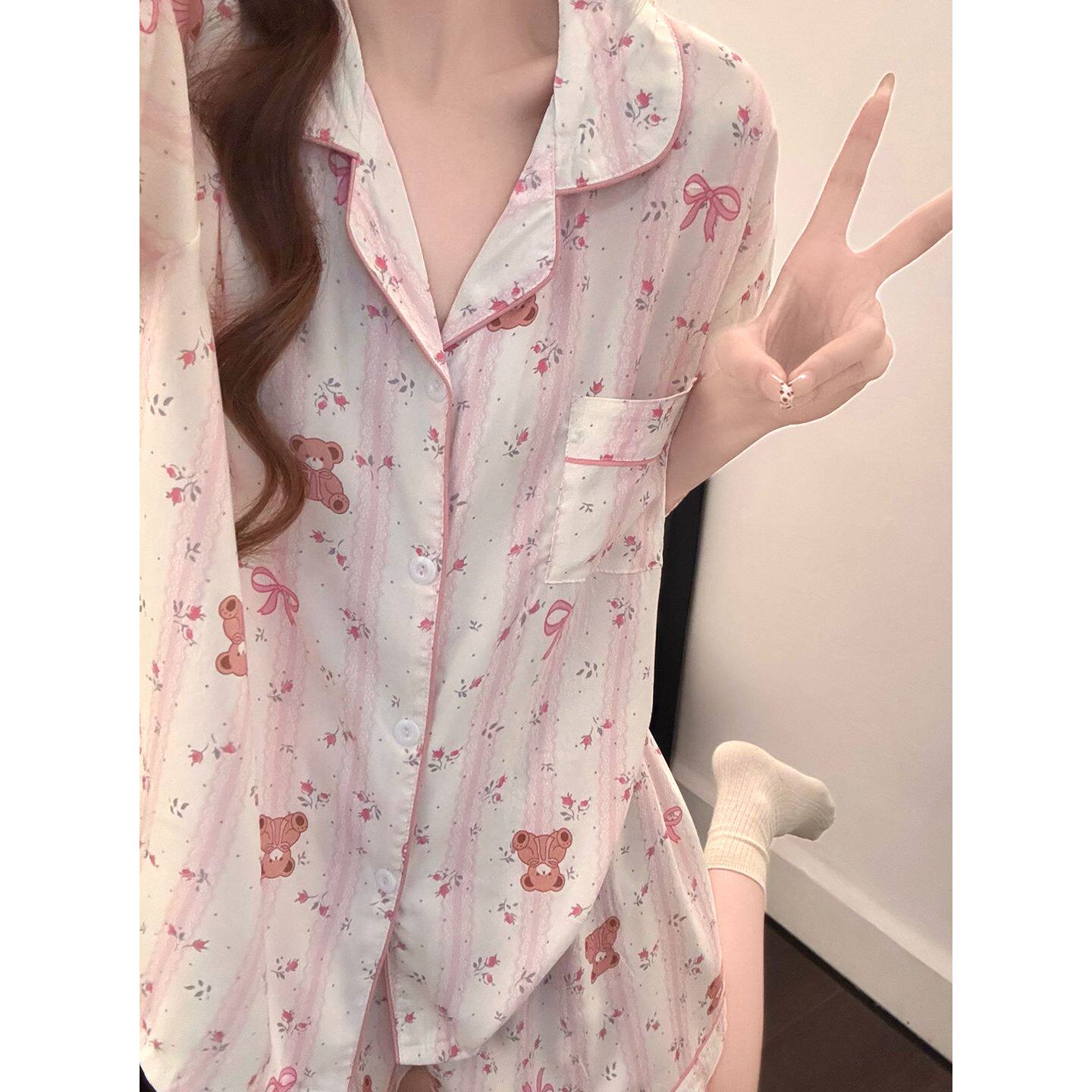 甜美风小熊印花睡衣女春季薄款棉质衬衫领短袖家居服套装