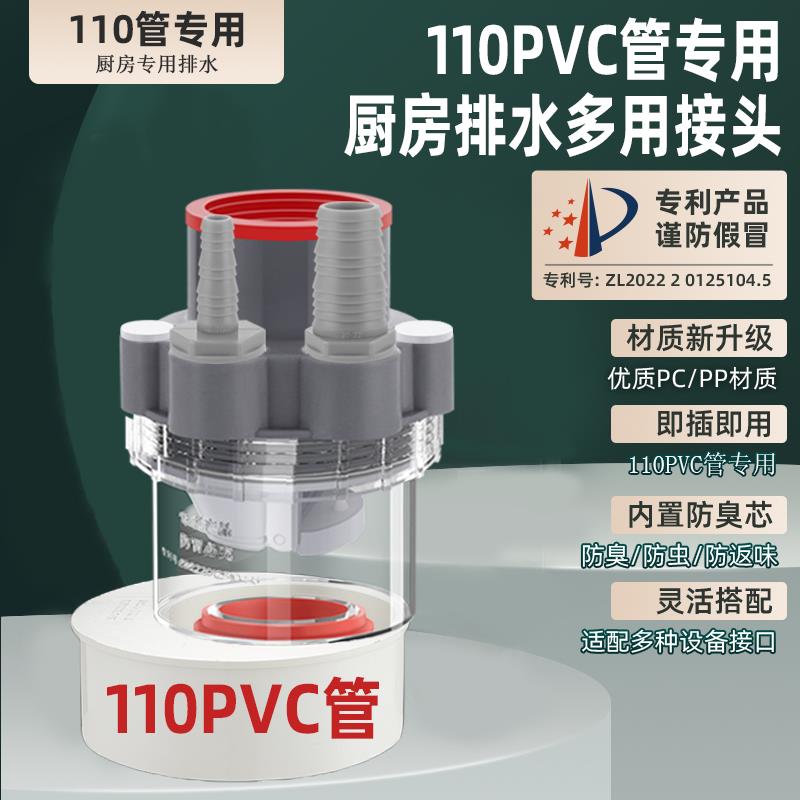 110PVC管下水三头通厨房下水管三通排水管防臭多功能水槽防臭神器