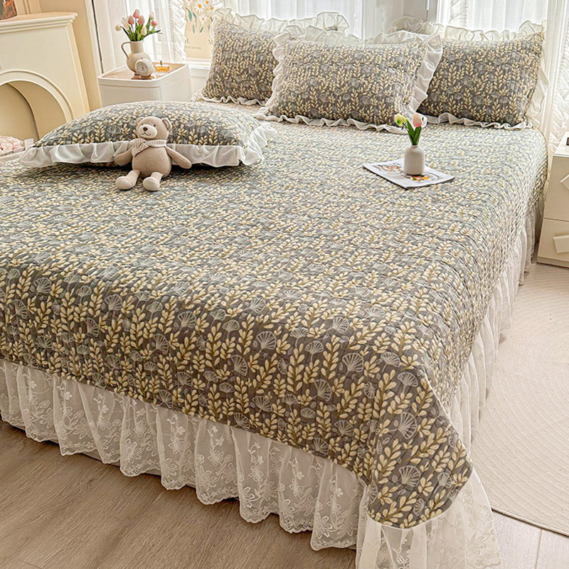 冬天加厚牛奶绒床盖带裙边高档田园公主I风花边床单三件套炕盖保