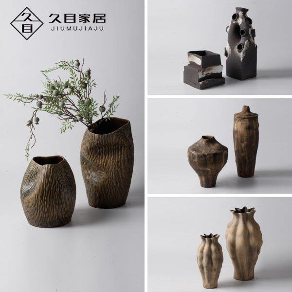 新中式侘寂风陶瓷花瓶摆件样板间客厅餐桌黄古铜色创意花器装饰品