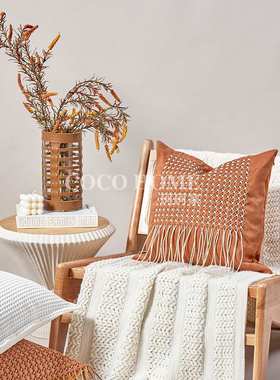 北欧橙色手工编织格纹抱枕美拉德客厅沙发靠垫套复古居家装饰背靠