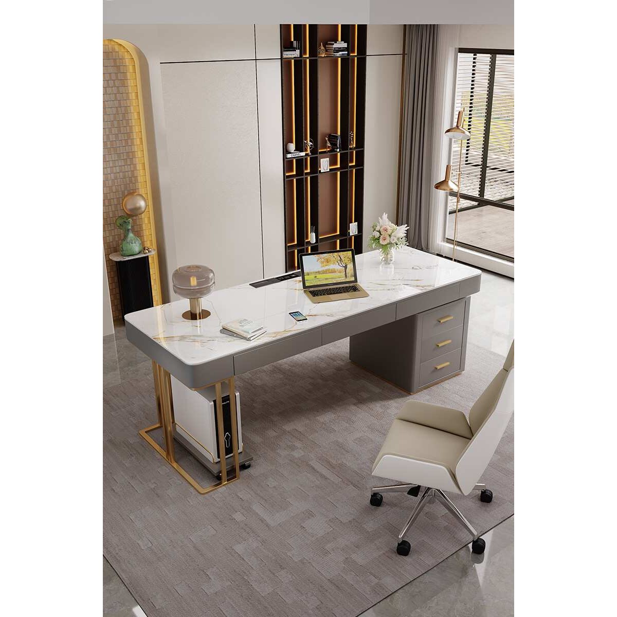 意式岩板书桌抽屉轻奢简约写字台组合办公桌家用电脑桌椅台式书柜