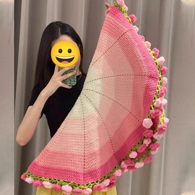 ?渐变色玫瑰花束毯子钩织手织diy毛线针织手工编织毛毯材料包老