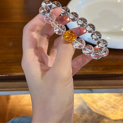 小晶灵bibi~【阳光与露】双A级白水晶琥珀手串净体冰透原创设计