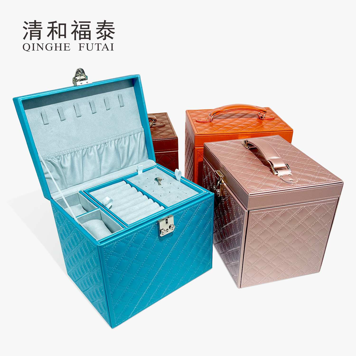 新款菱格纹多格超大容量金属扣首饰收纳箱饰品整理盒翻盖饰品箱