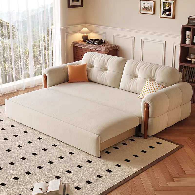 法式复古奶油风实木沙发床折叠两用家用客厅小户型2025新款伸缩床