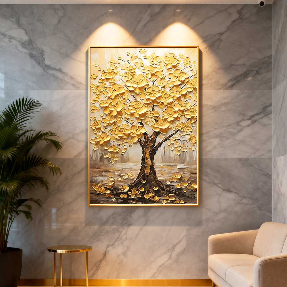 招财黄金发财树饭厅餐厅装饰画走廊过道挂画轻奢正对门入户玄关画