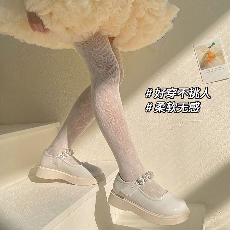 2024女童新款连裤袜白色袜子蝴蝶结蕾丝渔网薄款丝袜打底裤