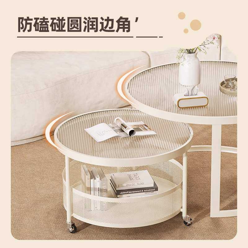 奶油风轻奢高级客厅茶几小户型家用圆形网红带轮可移动小推车茶几,3C数码配件,USB灯,淘宝优惠券,粉丝福利购,淘宝优惠卷