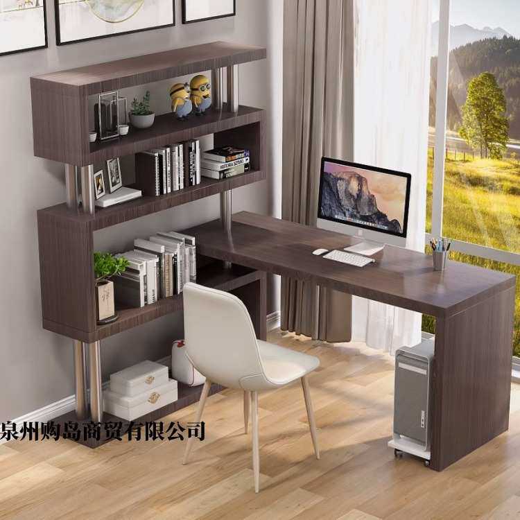 北欧烤漆电脑桌实木旋转书桌转角书架写字台一体柜家用学生桌子