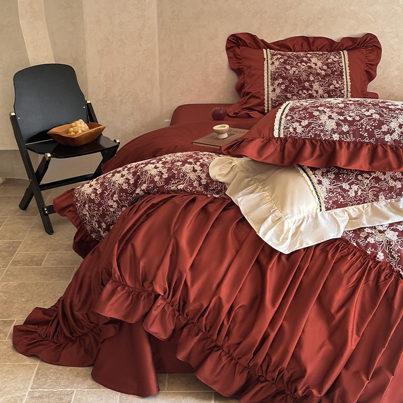 法式浪漫婚礼床上用品100支长绒棉刺绣花红色婚庆被套床单四件套