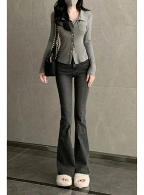 烟灰色高腰修身显瘦微喇叭牛仔裤女春秋弹力百搭显高拖地马蹄裤子