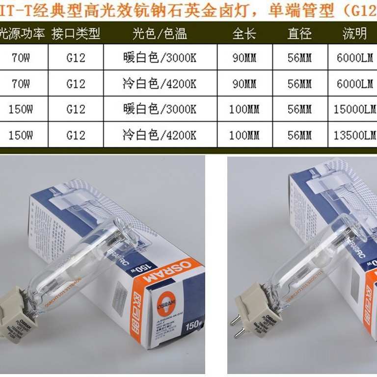 OSRAM欧司朗金卤灯泡HIT-T70W/150W/N/3K/4 G12石英金卤灯灯灯泡