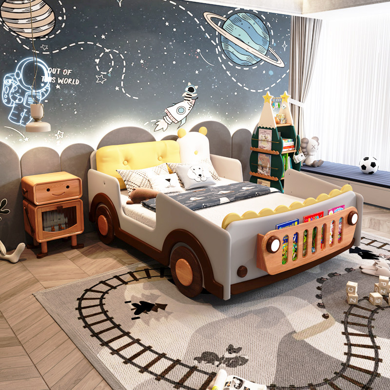 敞篷跑车卡通汽车床男孩儿童床带帐篷护栏创意青少年实木单人床