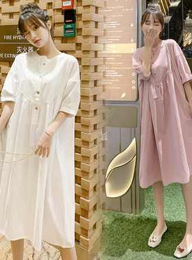 大码孕妇装夏装短袖连衣裙中长款韩版宽松胖MM纯色上衣显瘦A字裙