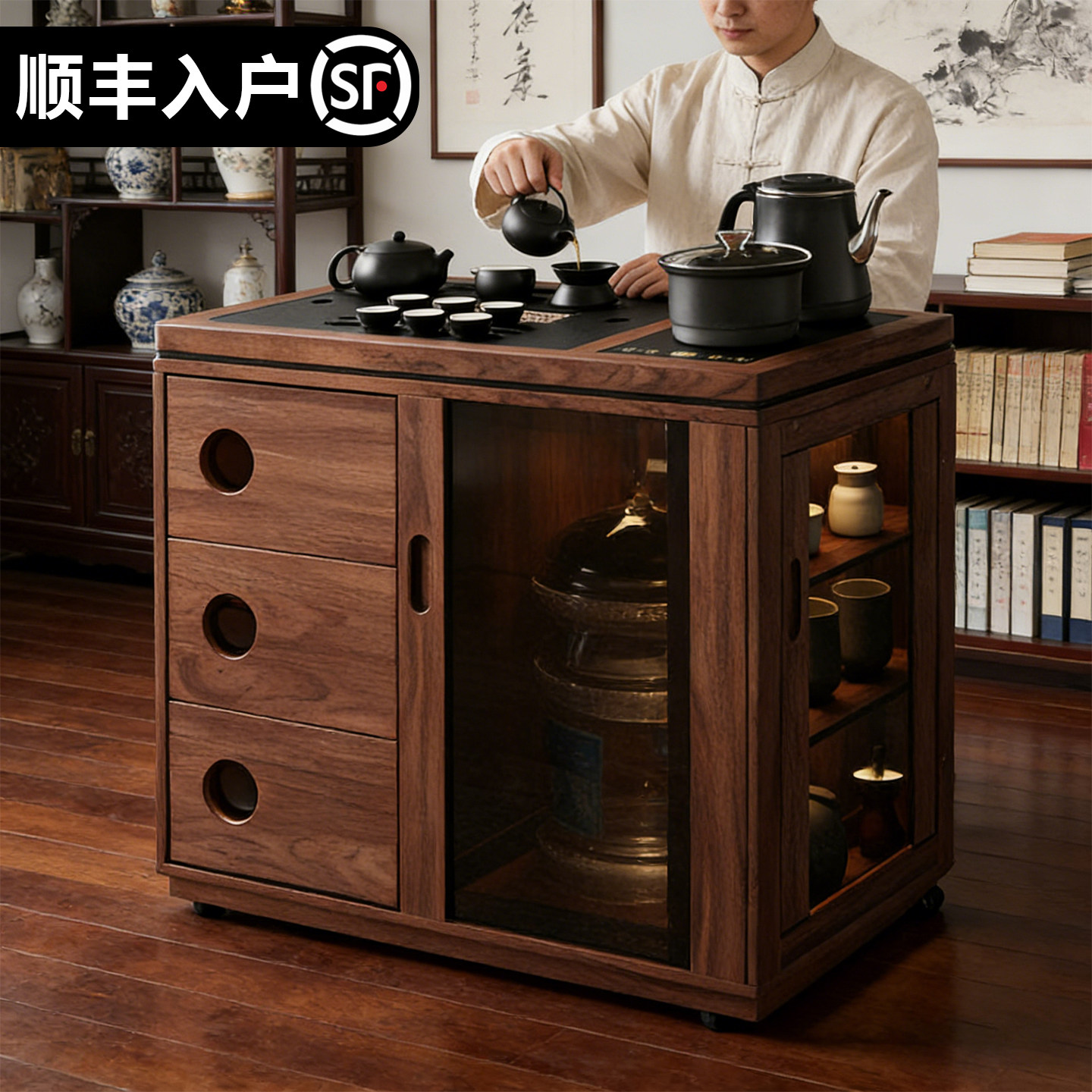 移动茶桌小茶台实木家用烧水壶一体茶水柜阳台带轮茶几煮泡茶桌子