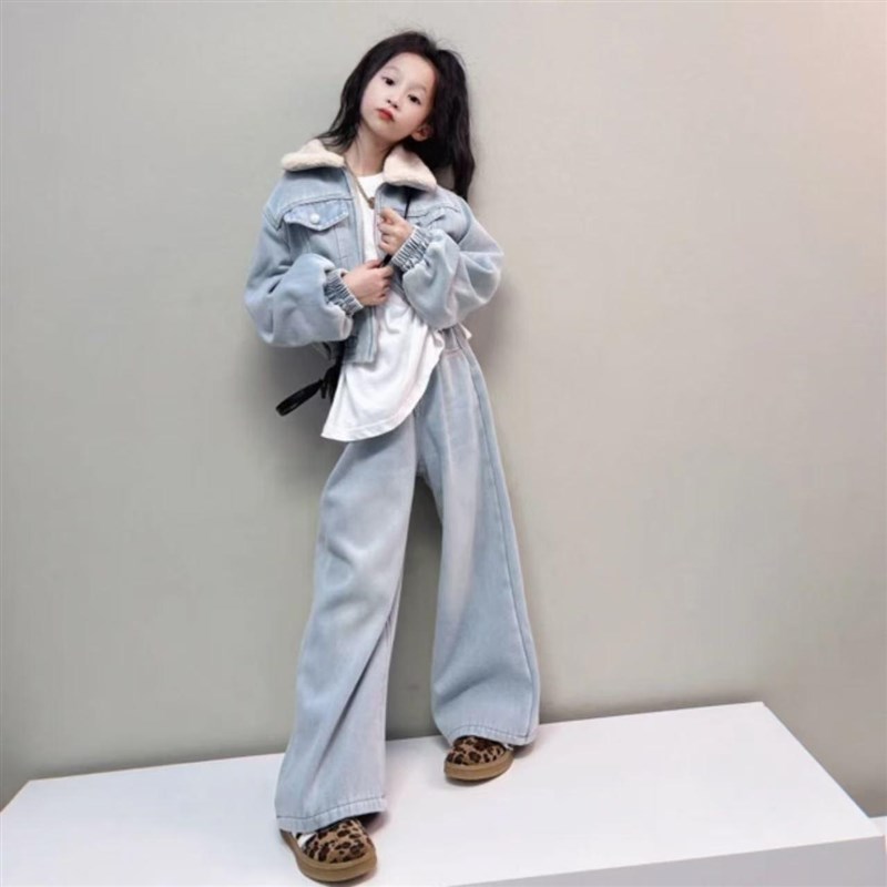 女童2025秋冬韩系洋气加绒加厚牛仔套装女外套阔腿牛仔裤两件套