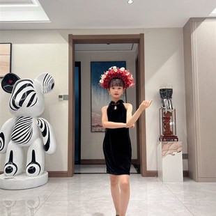 女童模特走秀改良旗袍女2024新款国风复古黑色修身气质连衣裙