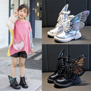 银色女童靴子翅膀公主单鞋2023春款儿童单鞋秋款学生短靴演出洋派