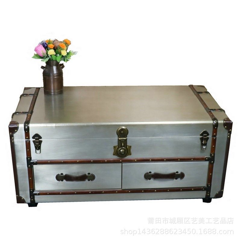 欧式复古做旧工业风客厅简约铝皮茶几储物储收纳储藏皮箱