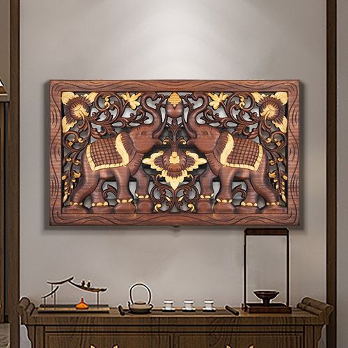 泰国实木大象电表箱遮挡箱电闸盒配电箱装饰画餐厅新中式挂画简约