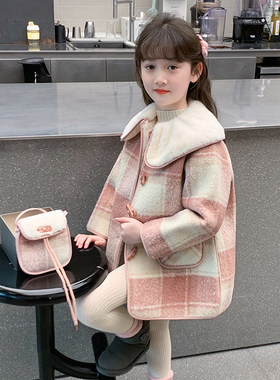 女童秋冬外套2024新款儿童中长款加厚毛呢大衣冬装女孩呢子风衣