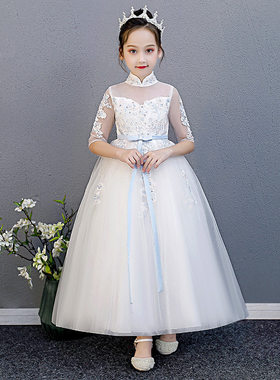女童连衣裙2025秋季新款演出服小女孩公主裙儿童礼服七分袖网纱裙