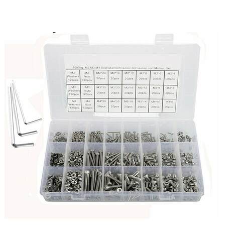 1080pcs M2 M3 M4 304不锈钢 杯头内六角螺丝配螺母平垫组合套装