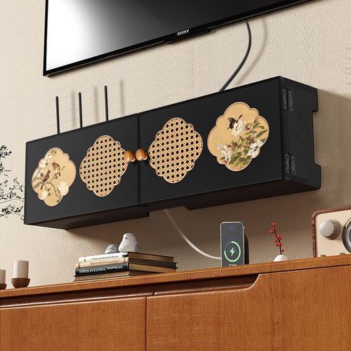 wifi路由器收纳盒新中式免打孔机顶盒放置架壁挂式排插线遮挡神器