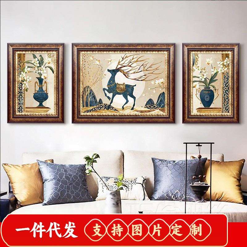 美式5d钻石画满钻客厅发财鹿花瓶钻石绣2019新款贴钻十字绣三联画