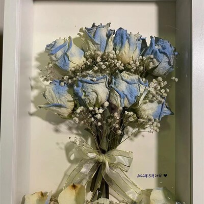 干花真花玫瑰立体中空相框碎冰蓝手工DIY生日礼物装饰情人节成品