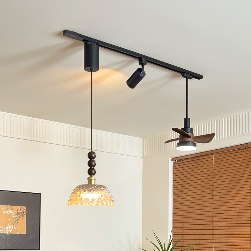 法式中古风餐厅吊灯可移位轨道风扇灯复古玻璃餐桌岛台吧台护眼灯