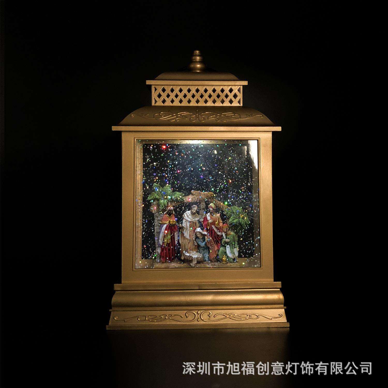 圣诞马槽水晶风灯 跨境树脂扁风灯桌面摆件工艺品创意水灯