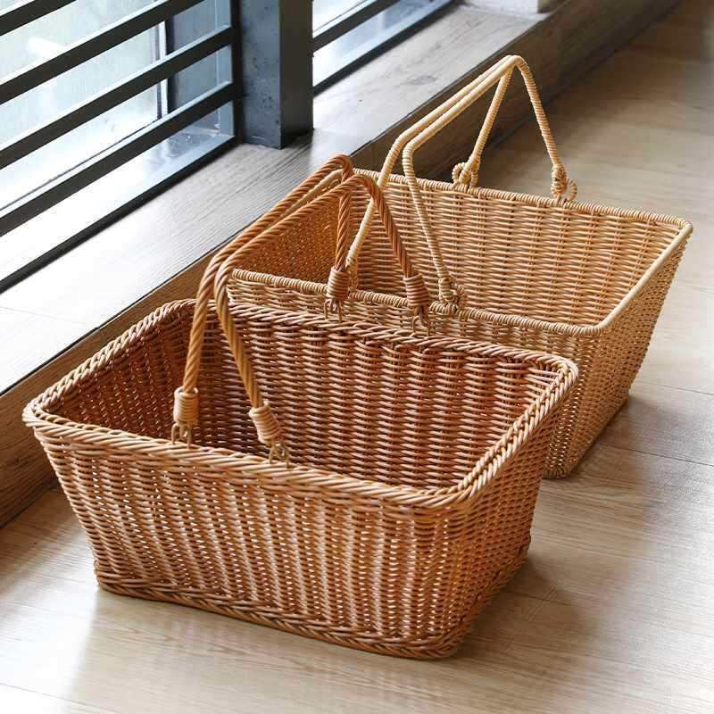 n仿藤手工编织购物篮买手提水果篮日式蔬菜筐Ke户外野餐篮菜篮子
