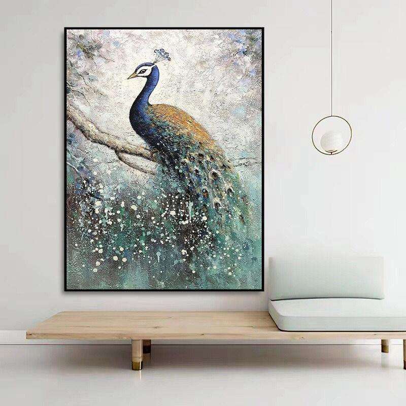 纯手绘孔雀油画现代轻奢玄关卧室装饰画手工绘制成品挂画