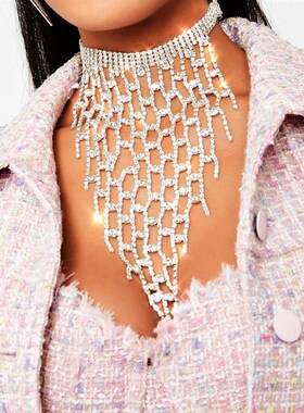 亚马逊火爆水钻项链 网格镂空流苏颈链 多层性感锁骨链女choker06
