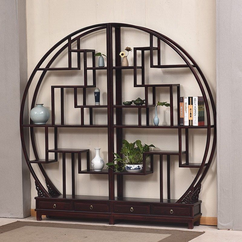 仿古实木双半圆博古架 中式榆木多宝阁 古典家具置物架展示架