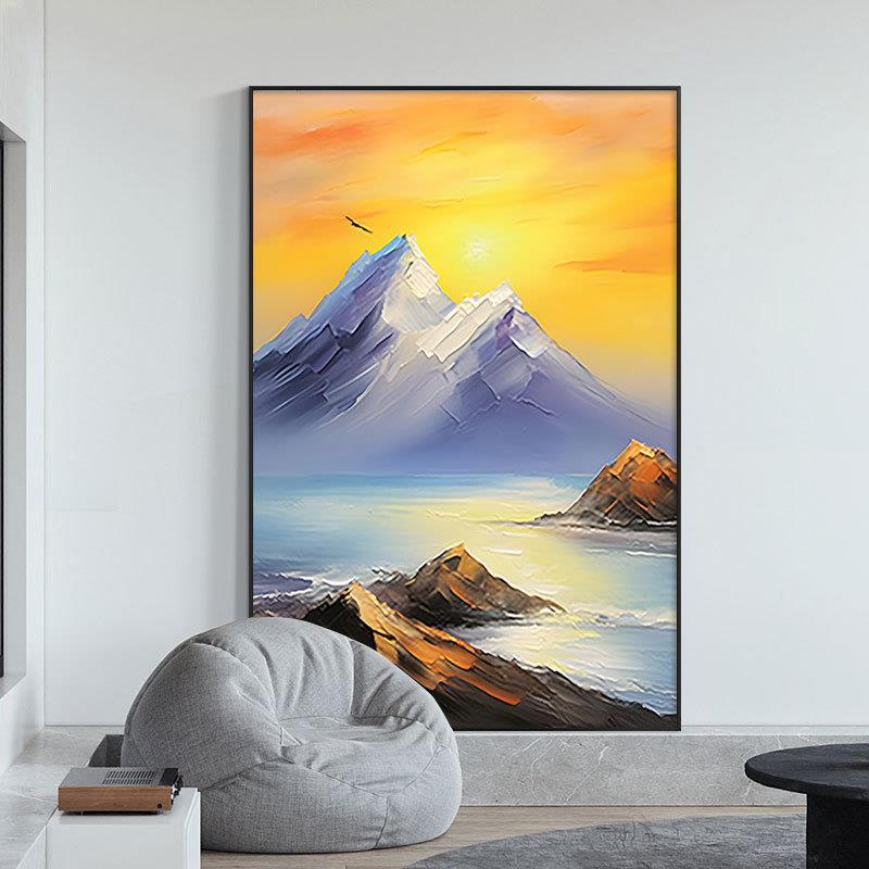外贸纯手绘油画大副抽象日出山水卧室玄关餐厅客厅装饰画肌理油画