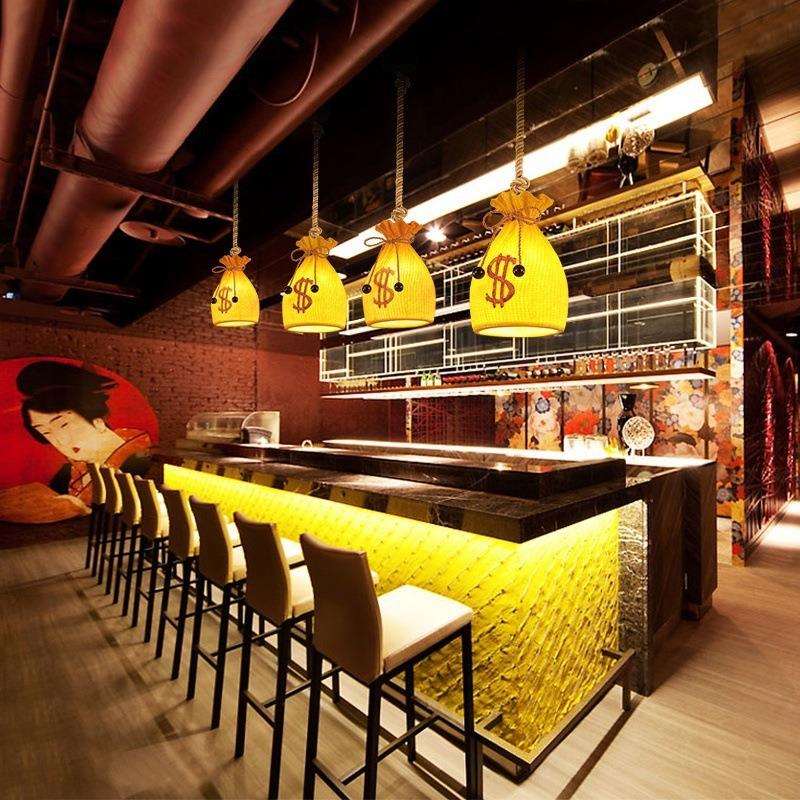 酒吧吊灯餐厅收银台前台火锅店烧烤店仿古吧台复古风钱袋子麻绳灯