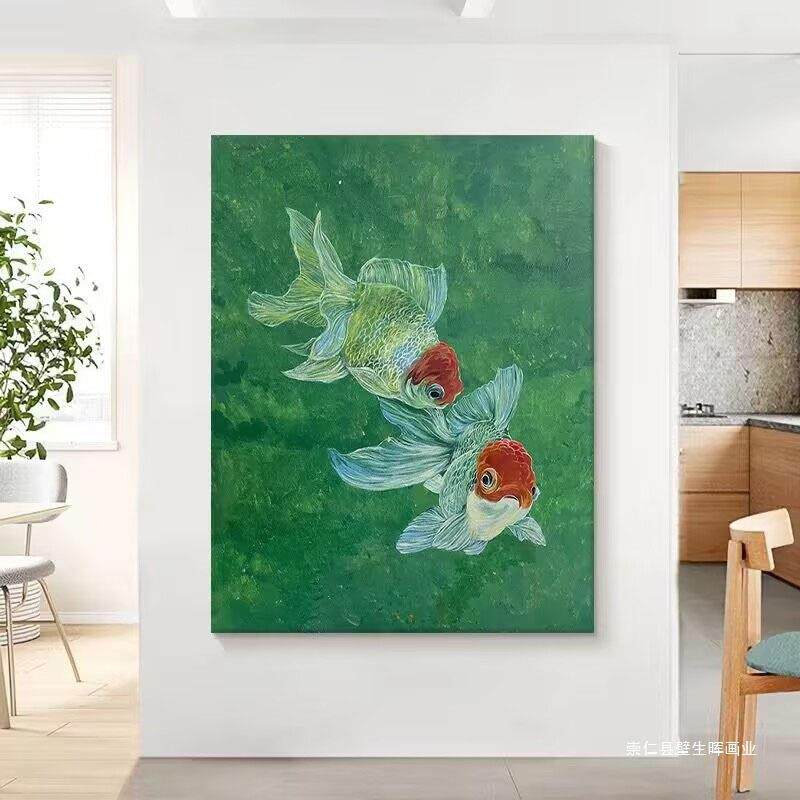 手绘油画年年有余客厅装饰画新中式锦鲤绿色挂画玄关入户壁画